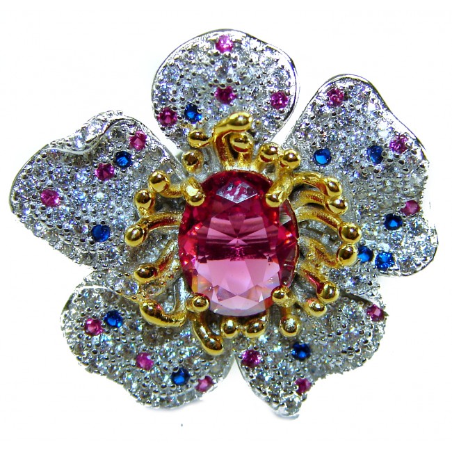 Spectacular Flower Authentic 4.3 carat Pink Tourmaline 2 tones .925 Sterling Silver handmade Cocktail Ring s. 7 1/4