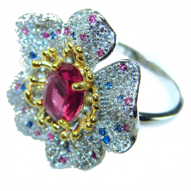 Spectacular Flower Authentic 4.3 carat Pink Tourmaline 2 tones .925 Sterling Silver handmade Cocktail Ring s. 7 1/4