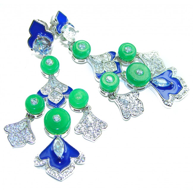 Art Deco - 8.8 carat Jade coral lapis lazuli enamel .925 Sterling Silver handmade Statement LONG Earrings