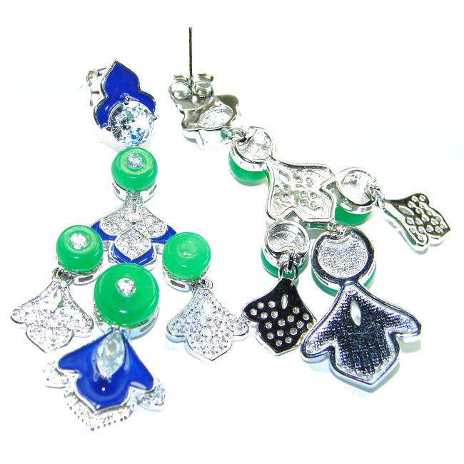 Art Deco - 8.8 carat Jade coral lapis lazuli enamel .925 Sterling Silver handmade Statement LONG Earrings