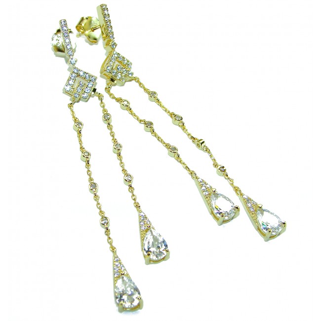 2 7/8 inches long - Classy Design - Genuine White Sapphire 18K Gold over .925 Sterling Silver handcrafted Statement Earrings