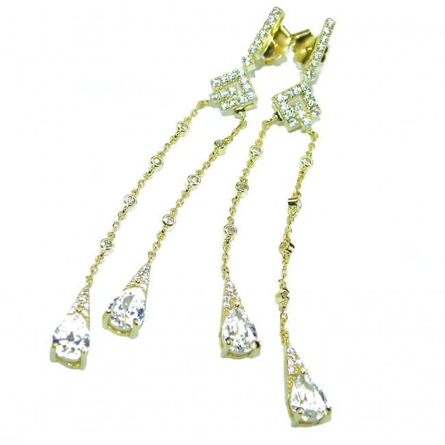 2 7/8 inches long - Classy Design - Genuine White Sapphire 18K Gold over .925 Sterling Silver handcrafted Statement Earrings