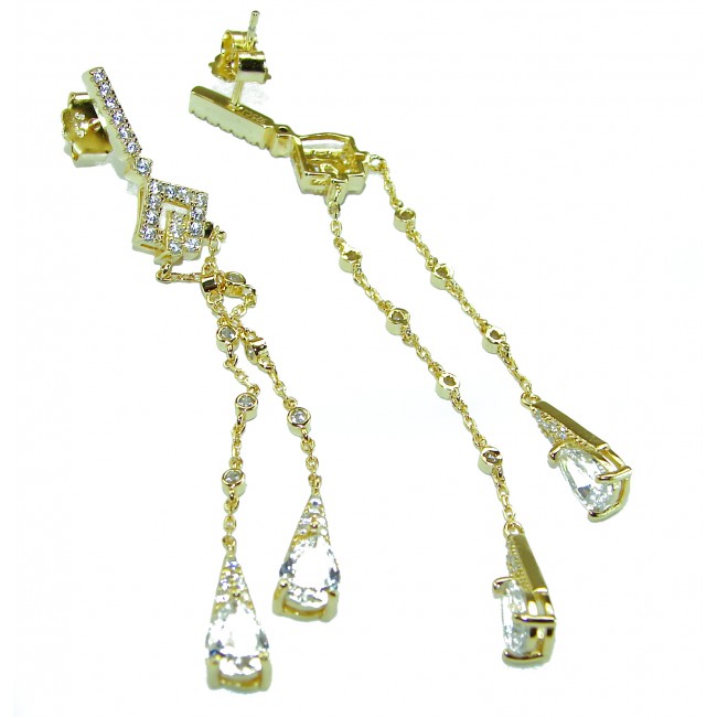 2 7/8 inches long - Classy Design - Genuine White Sapphire 18K Gold over .925 Sterling Silver handcrafted Statement Earrings