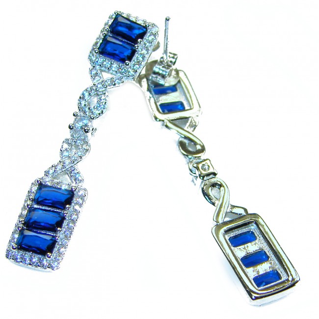 ART DECO - 9.5 carat natural Sapphire .925 Sterling Silver handcrafted incredible earrings - Close-up of ART DECO Sapphire earrings in sterling silver.