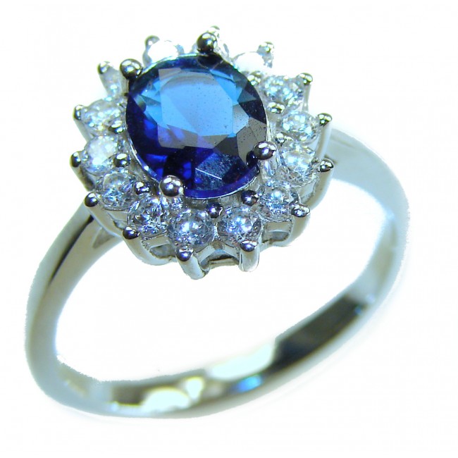 Gabriella 4.2 carat authentic Sapphire .925 Sterling Silver Eternity Ring size 7 - Side view of Gabriella Sapphire ring in Sterling Silver with diamond halo.