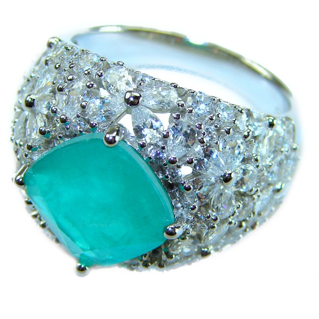 Vintage style - Timless Beauty 6.5 carat Emerald .925 Sterling Silver handcrafted Statement ring size 7 1/2 - Close-up of vintage ring with 6.5 carat emerald and diamond accents.