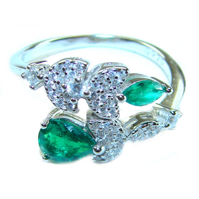 Gabriella - Luxurious 3.6 carat Emerald .925 Sterling Silver handcrafted Cocktail Ring s. 7 1/4 - Close-up of emerald and diamond butterfly ring in sterling silver.
