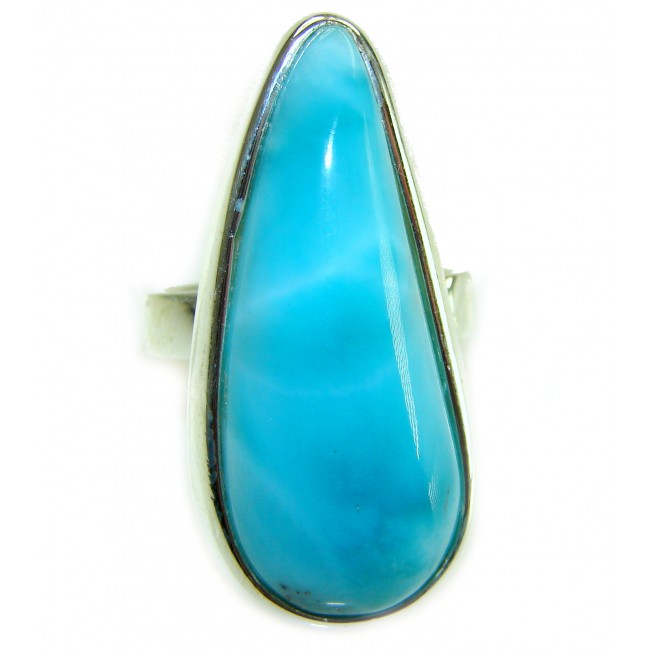 Caribbean Beauty 44.5 carat Genuine perfectly Blue Larimar .925 Sterling Silver handmade LARGE ring size 8 adjustable - Close-up of 44.5 carat blue Larimar stone in a silver ring setting.