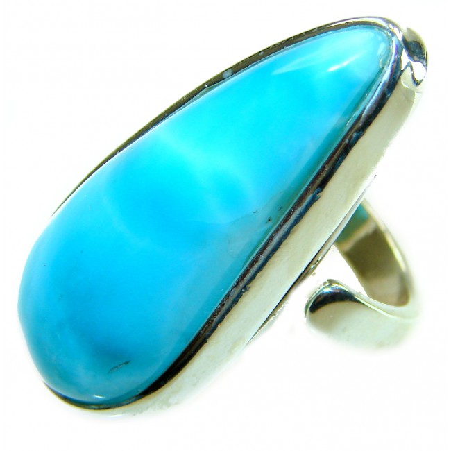 Caribbean Beauty 44.5 carat Genuine perfectly Blue Larimar .925 Sterling Silver handmade LARGE ring size 8 adjustable - Close-up of a silver ring with a large, blue Larimar stone.