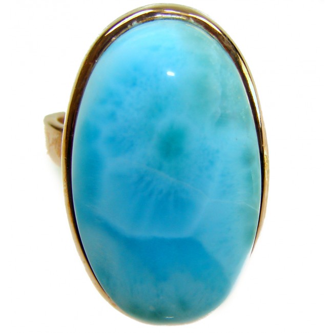 Blue Perfection AAAA QUALITY Blue Larimar 18K Gold over .925 Sterling Silver handmade Large ring size 8 adjustable - Close-up of blue Larimar stone in 18K gold setting ring.