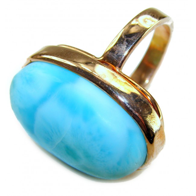 Blue Perfection AAAA QUALITY Blue Larimar 18K Gold over .925 Sterling Silver handmade Large ring size 8 adjustable - Blue Larimar ring in 18K gold, side view, stone close-up.