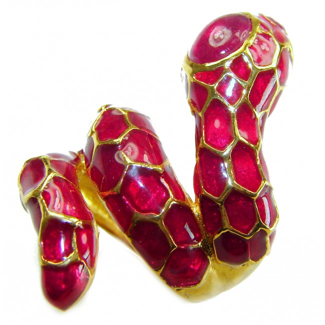 Red Snake Ruby Enamel 18K Gold over 3.5 carat Ruby .925 Sterling Silver Huge handcrafted Ring s. 6 - Close-up of red snake ring with ruby enamel and gold detailing