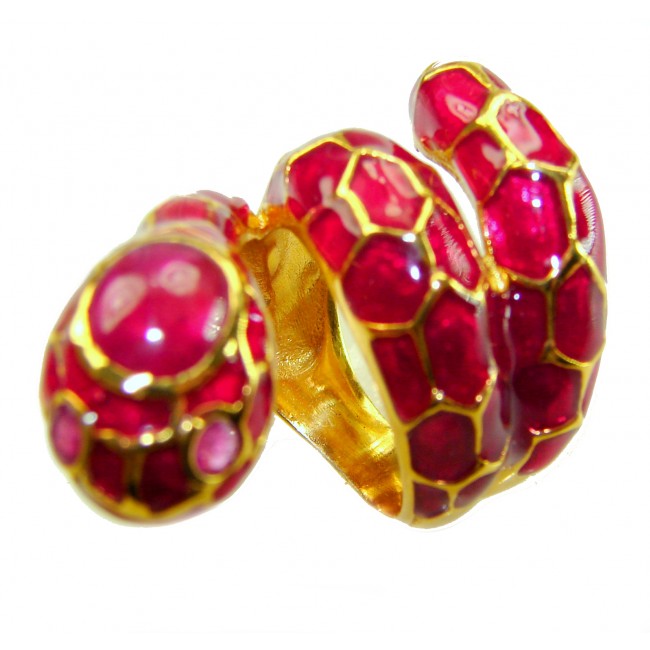 Red Snake Ruby Enamel 18K Gold over 3.5 carat Ruby .925 Sterling Silver Huge handcrafted Ring s. 6 - Red snake ring with ruby enamel, close-up view of details and stones.