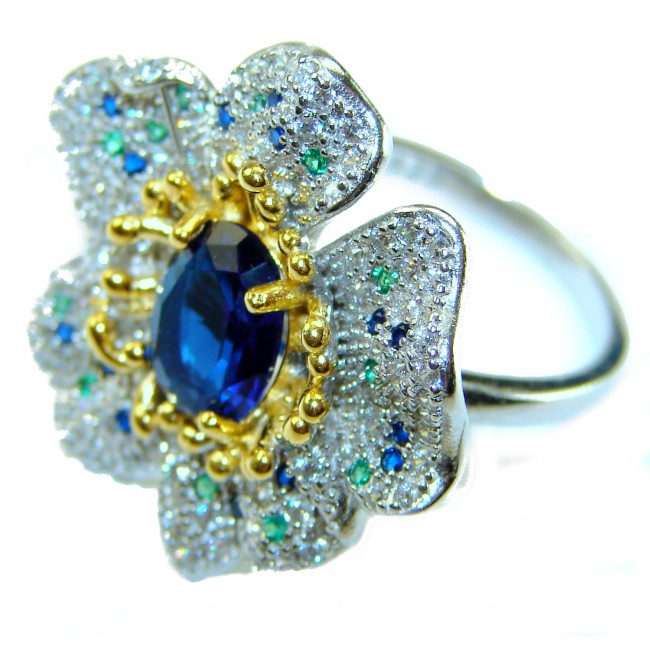 FLOWER - 4.8 carat Authentic SAPPHIRE 2 TONES .925 Sterling Silver Handcrafted Ring size 6 1/4 - photo 2