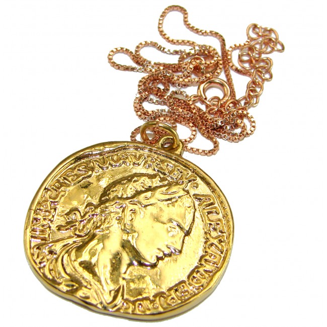 Ave Caesar - Vintage Style Coin .925 Sterling silver and plated with 14K Gold handcrafted necklace - Vintage-style coin necklace with textured chain, top view.