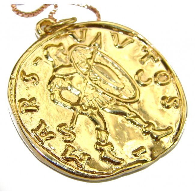 Ave Caesar - Vintage Style Coin .925 Sterling silver and plated with 14K Gold handcrafted necklace - Gold vintage-style coin pendant, close-up angle.