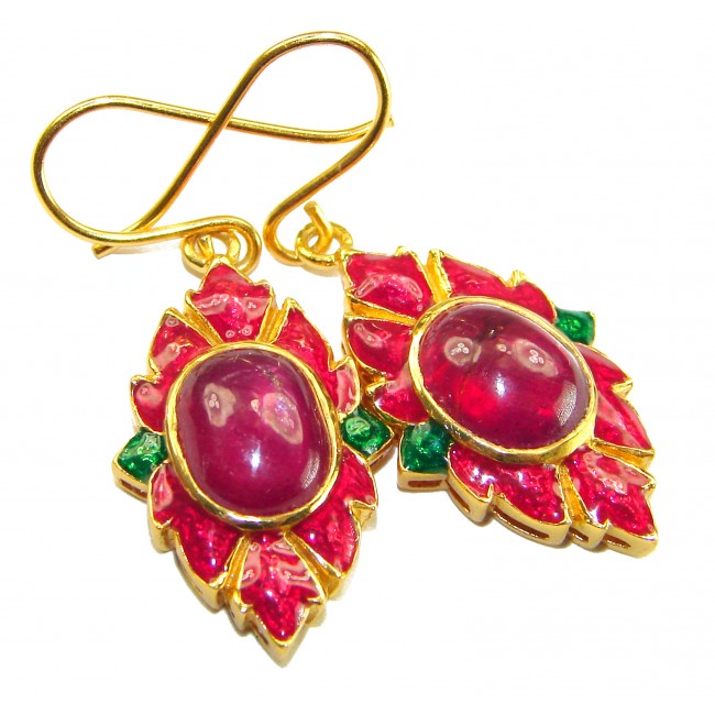 Countless Blessings Genuine 7.5 carat Authentic Ruby enamel 18K Gold over .925 Sterling Silver handcrafted earrings - Close-up of ruby earrings with red and green enamel details.