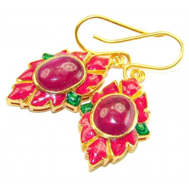 Countless Blessings Genuine 7.5 carat Authentic Ruby enamel 18K Gold over .925 Sterling Silver handcrafted earrings - Close-up of Countless Blessings Ruby earrings with enamel detail.
