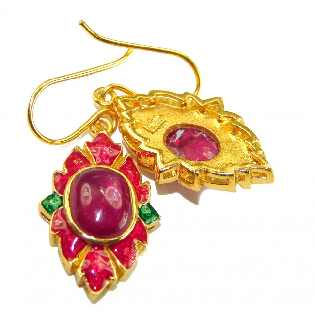 Countless Blessings Genuine 7.5 carat Authentic Ruby enamel 18K Gold over .925 Sterling Silver handcrafted earrings - Close-up of Countless Blessings earrings with 7.5 carat ruby and enamel.