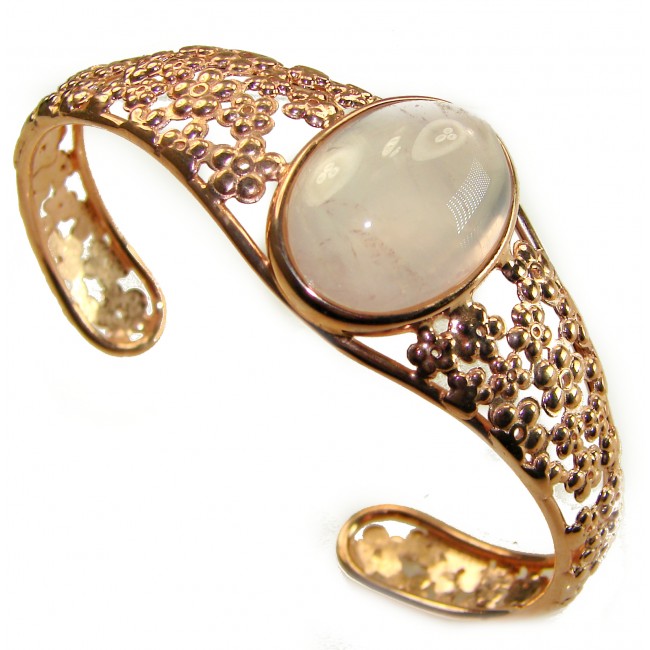 Vintage Beauty Genuine 20.5 carat Brazilian Rose Quartz Rose quartz 18K Gold over .925 Sterling Silver handcrafted Bracelet / Cuff - Side view of vintage rose quartz bracelet with floral details.