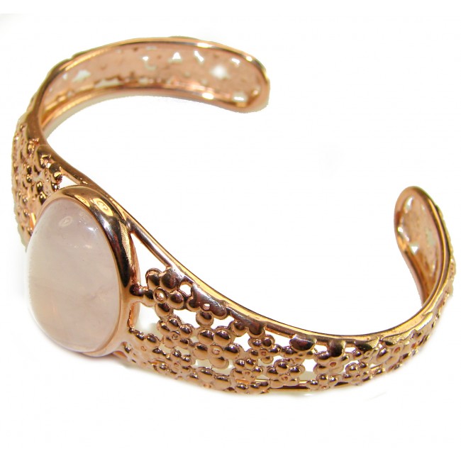 Vintage Beauty Genuine 20.5 carat Brazilian Rose Quartz Rose quartz 18K Gold over .925 Sterling Silver handcrafted Bracelet / Cuff - Rose gold cuff with floral design and rose quartz, side view.
