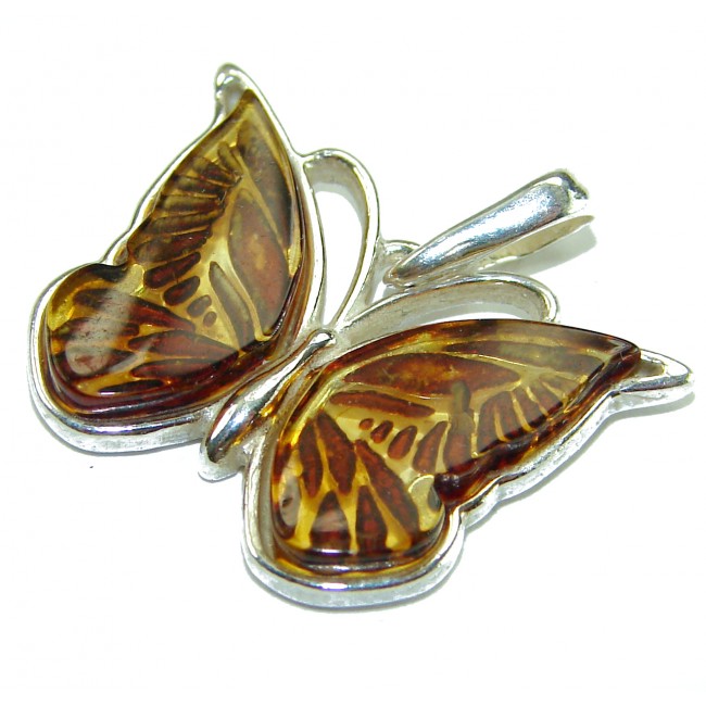 Cute Butterfly Authentic carved Baltic Amber .925 Sterling Silver handcrafted pendant