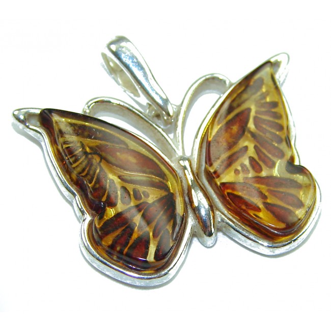 Cute Butterfly Authentic carved Baltic Amber .925 Sterling Silver handcrafted pendant