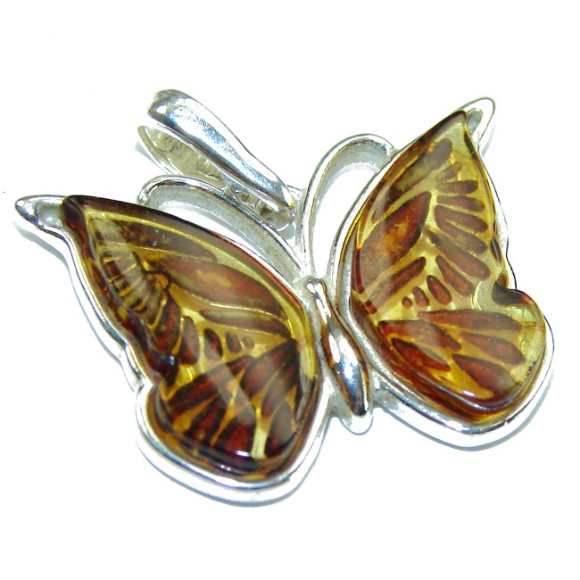 Cute Butterfly Authentic carved Baltic Amber .925 Sterling Silver handcrafted pendant