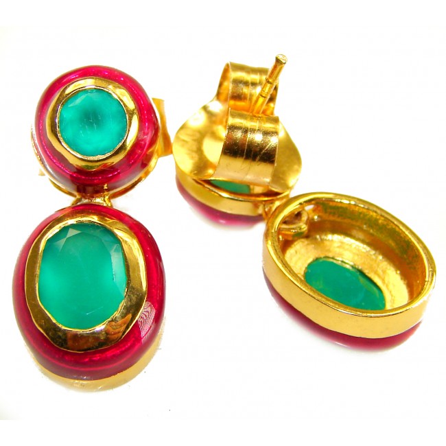 Countless Blessings Genuine 6.5 carat Authentic Emerald enamel 18K Gold over .925 Sterling Silver handcrafted earrings - photo 3