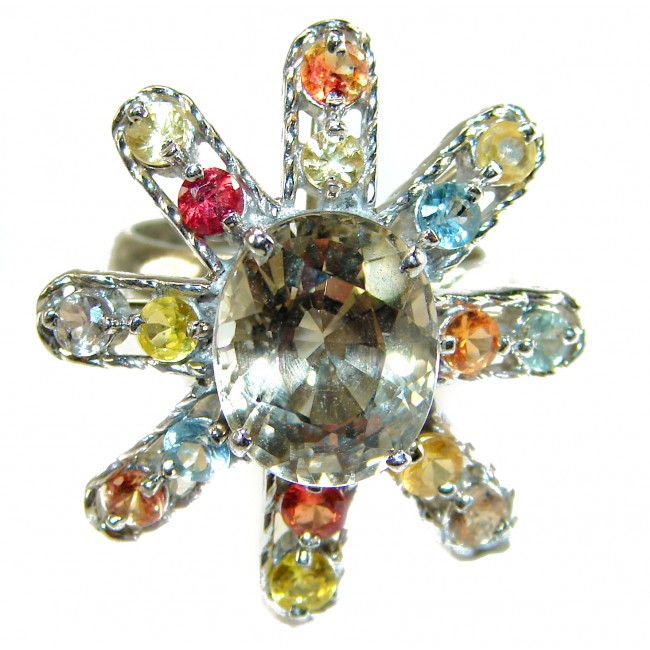 Celestial peace 15.5 carat Champagne Topaz MULTICOLOR SAPPHIRE .925 Sterling Silver HUGE Ring size 8 - photo 2