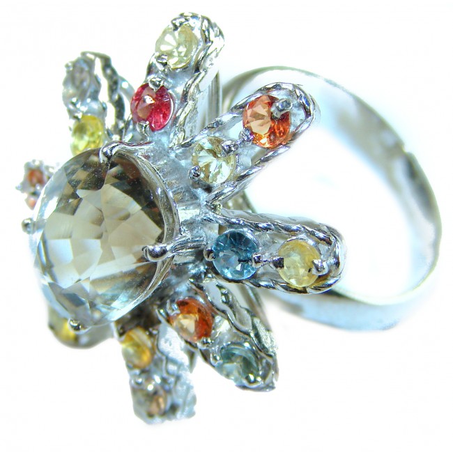 Celestial peace 15.5 carat Champagne Topaz MULTICOLOR SAPPHIRE .925 Sterling Silver HUGE Ring size 8 - photo 1