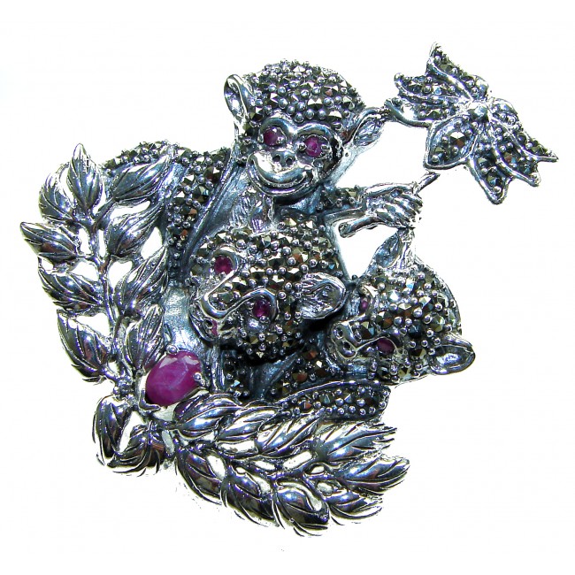 Three Happy Monkeys - Spectacular - Ruby Marcasite .925 Sterling Silver handmade Brooch