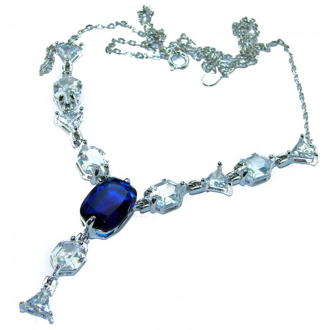 Blue Royalty 14.2 carat Sapphire .925 Sterling Silver .925 Sterling Silver Statement Necklace - Necklace front view; blue sapphire and clear stones in sterling silver.