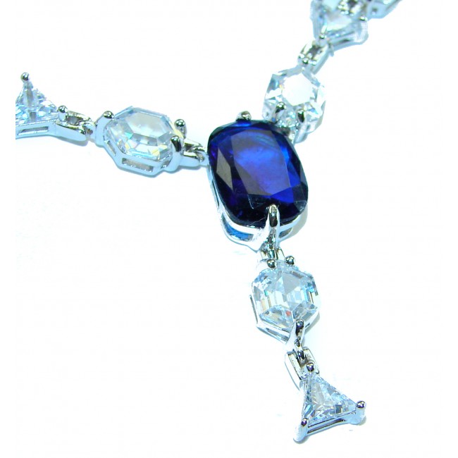 Blue Royalty 14.2 carat Sapphire .925 Sterling Silver .925 Sterling Silver Statement Necklace - Close-up of 14.2 carat sapphire with sterling silver and clear stones.