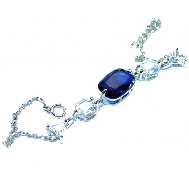Tiffany 8.2 carat authentic Sapphire .925 Sterling Silver handcrafted Statement Bracelet - Side view of sapphire bracelet with sterling silver chain.
