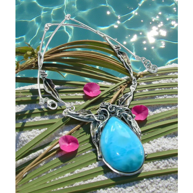 Glorious Nature Best quality authentic 47.5 carat Larimar . 925 Sterling Silver handmade necklace - photo 1