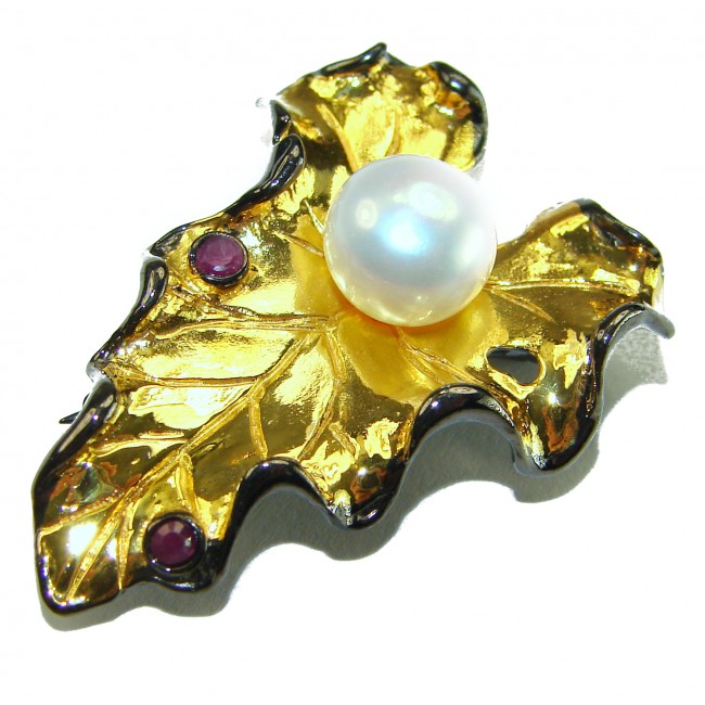 Genuine Mother of Pearl Ruby 14K Gold .925 Sterling Silver handmade Pendant Brooch