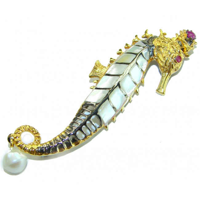 Precious SeaHorse Natural Rainbow Abalone Ruby 14K Gold over .925 Sterling Silver handmade Pendant Brooch
