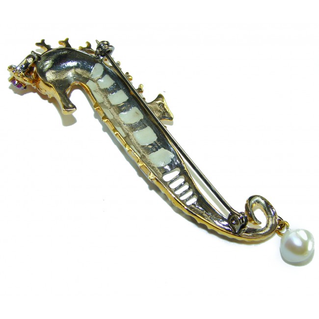 Precious SeaHorse Natural Rainbow Abalone Ruby 14K Gold over .925 Sterling Silver handmade Pendant Brooch