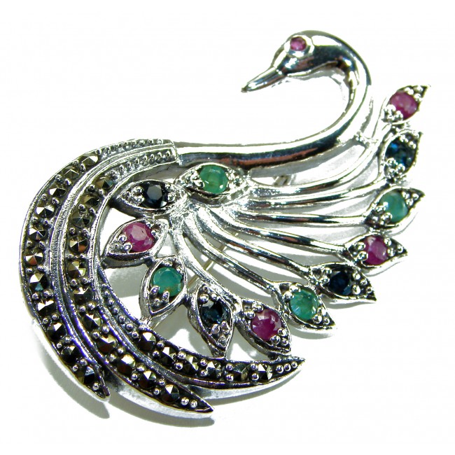 Perfect Swan Ruby 18K Gold over .925 Sterling Silver handmade Pendant Brooch