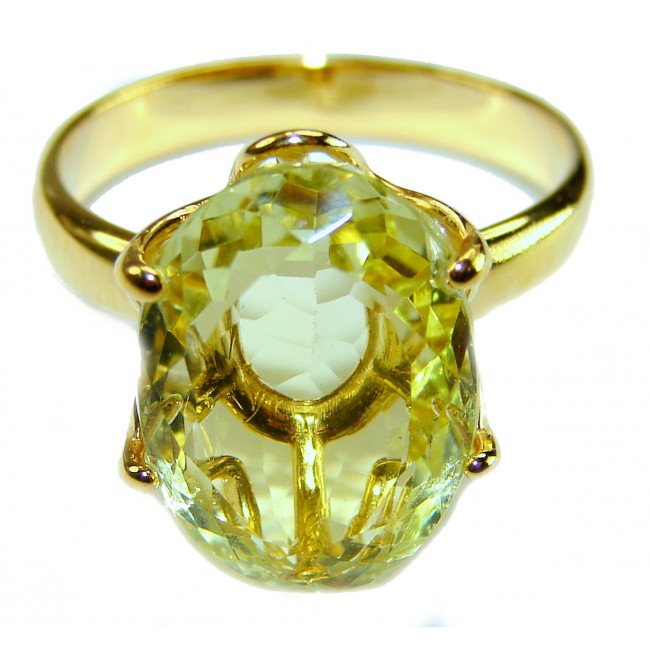 Solid 10.8 carat Genuine Lemon Quartz 18K Gold over .925 Sterling Silver handcrafted ring size 8 3/4 - Close-up of a lemon quartz ring in 18K gold over sterling silver.