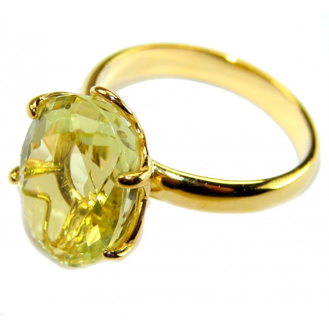 Solid 10.8 carat Genuine Lemon Quartz 18K Gold over .925 Sterling Silver handcrafted ring size 8 3/4 - Side view of 10.8 carat lemon quartz ring in 18K gold over sterling silver