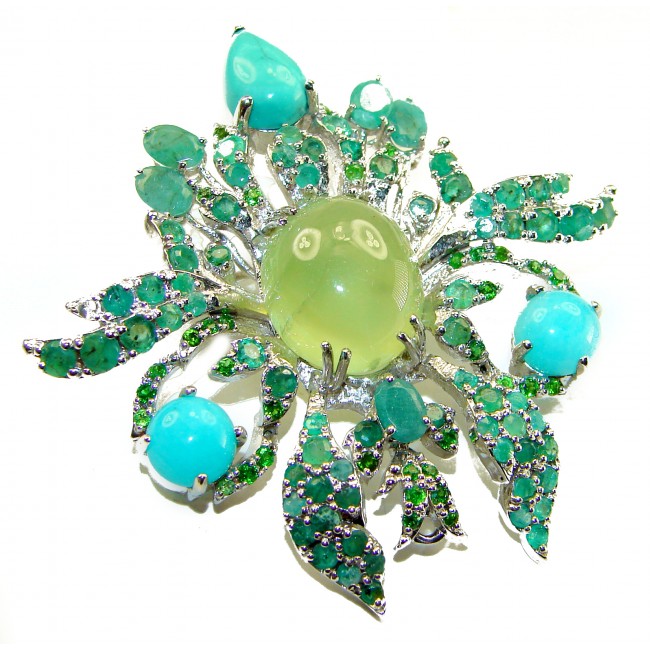 Gabriella 55.8 carat Colombian Emerald Prehnite Rhodium over .925 Sterling Silver handmade Pendant Brooch