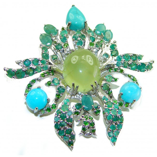 Gabriella 55.8 carat Colombian Emerald Prehnite Rhodium over .925 Sterling Silver handmade Pendant Brooch