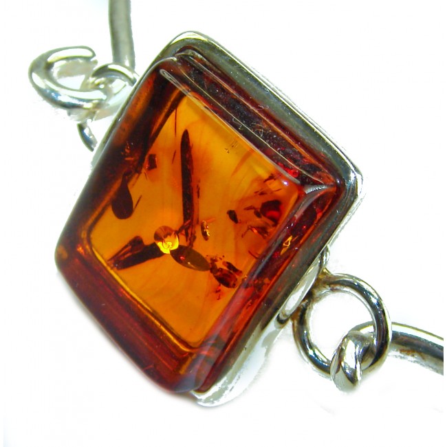 Genuine Baltic Amber .925 Sterling Silver handamde Bracelet / Cuff - Close-up of square Baltic amber in sterling silver bracelet setting.