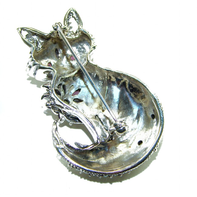 Fox - Natural Ruby .925 Sterling Silver handmade Pendant Brooch - Back view of fox-shaped sterling silver pendant showing clasp detail.