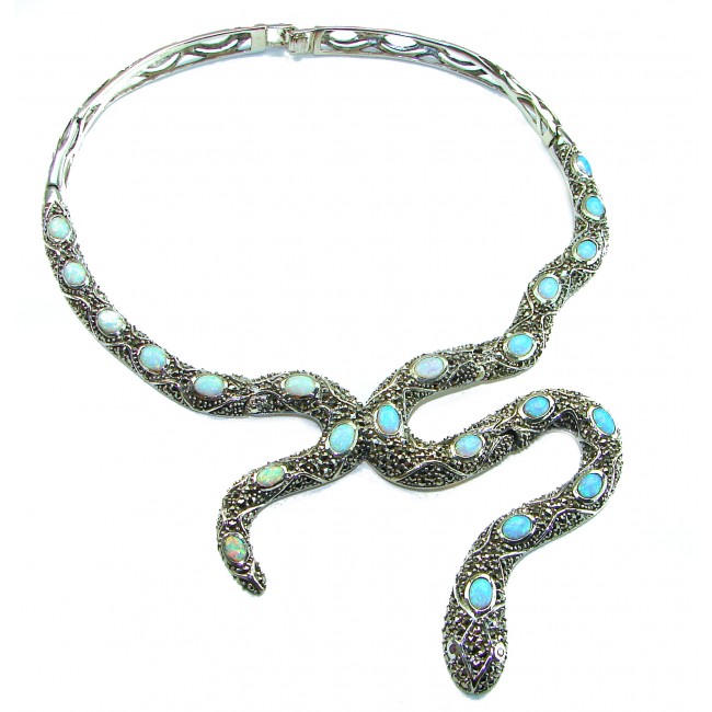 Large Snake genuine 57.8 carat Australian Blue Opal Marcasite .925 Sterling Silver handcrafted necklace