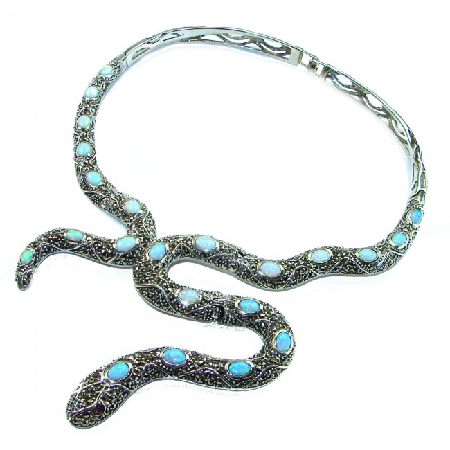 Large Snake genuine 57.8 carat Australian Blue Opal Marcasite .925 Sterling Silver handcrafted necklace