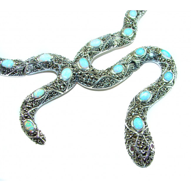 Large Snake genuine 57.8 carat Australian Blue Opal Marcasite .925 Sterling Silver handcrafted necklace