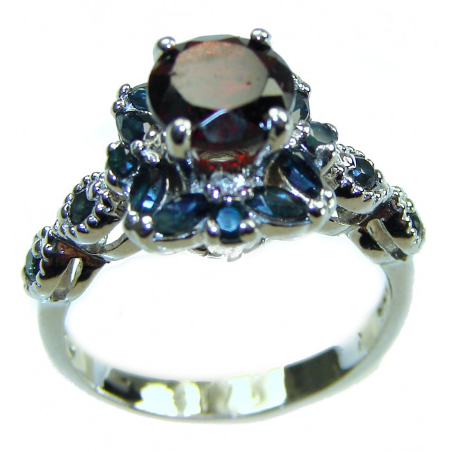 Natural 4.9 carat Ruby Sapphire .925 Sterling Silver handmade Statement Ring size 6 - Side view of ruby and sapphire sterling silver ring.
